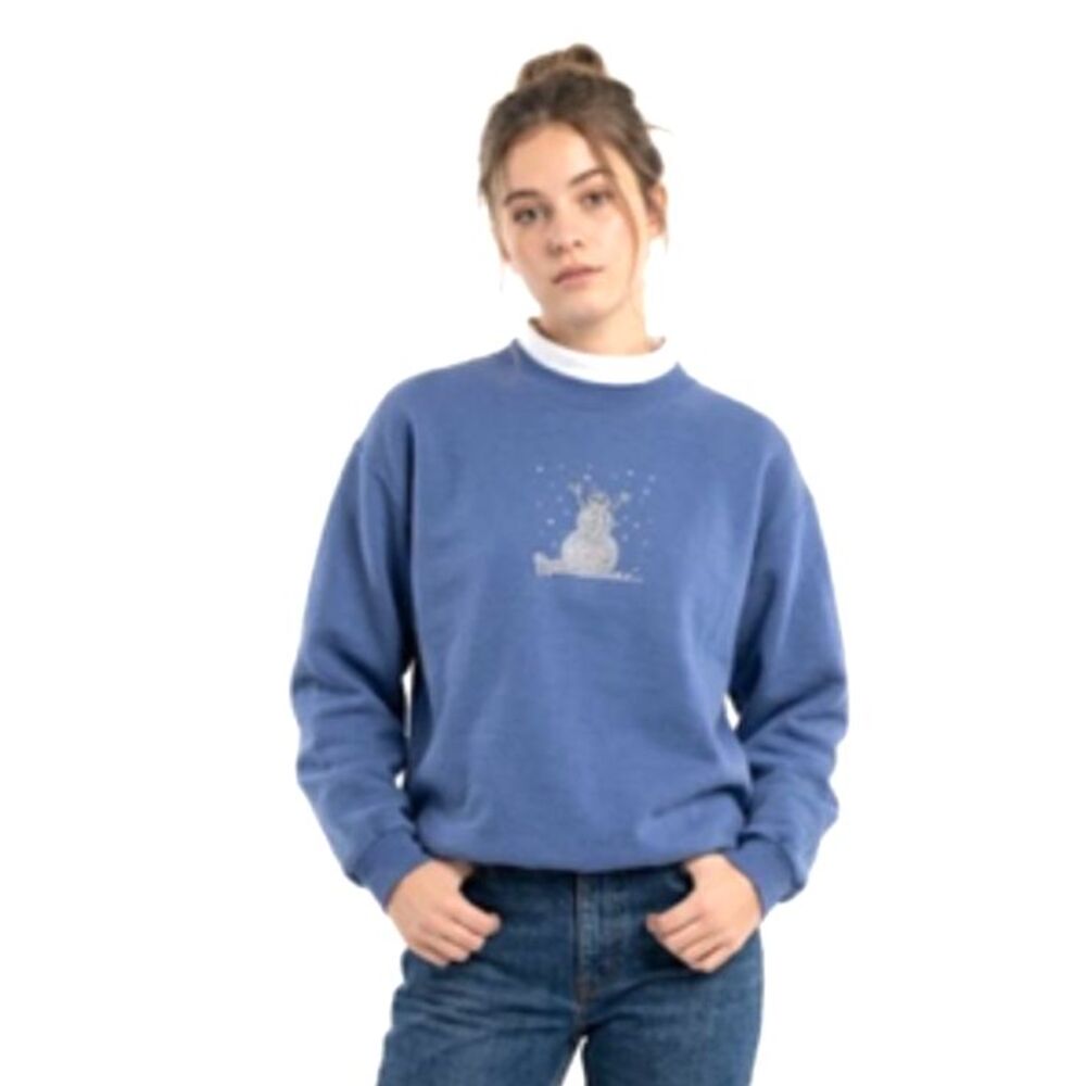 Jerzees Womens Blue Bedazzled Snowman Mockneck LS Vintage 90s Sweatshirt Size S